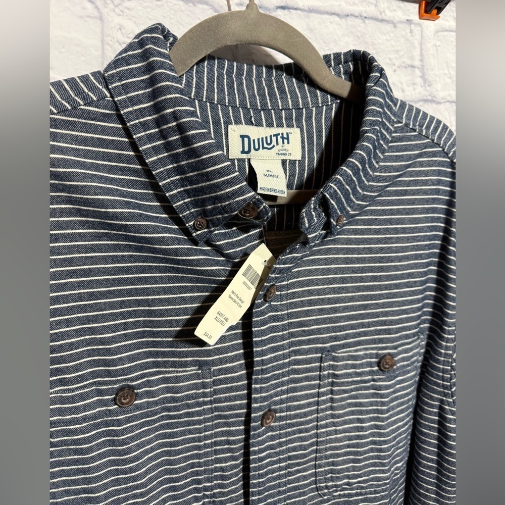 Duluth Trading Co. Free Swingin’ Slim Fit Flannel Shirt, Blue/White Stripes, XL